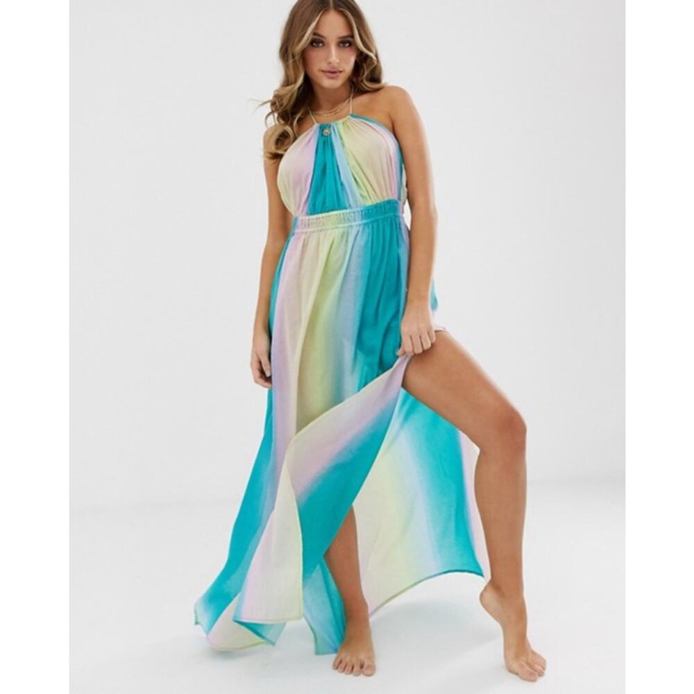 Asos Long Beach Dress Swim Cover Up Halter Style Hand‎ Dyed Pastels Size 6